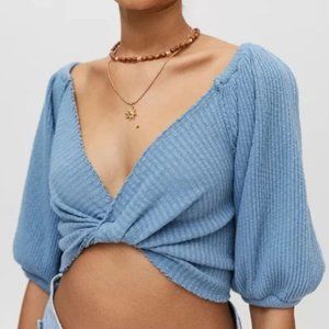 NWT UO Twist Front Baby Blue Knit Puff Sleeve Top
